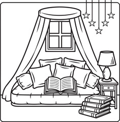 Cute Bedroom Reading Coloring Page with Books and Canopy Bed