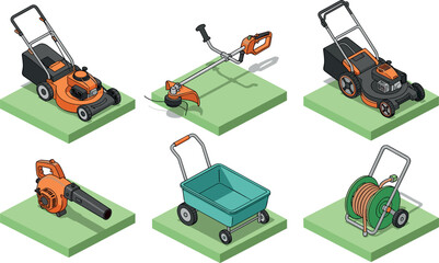 Garden equipment illustration set featuring lawn mower trimmer blower hose reel and utility cart for outdoor landscaping work