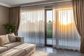 Soft morning light filters through sheer curtains in a modern living room with a cozy sofa