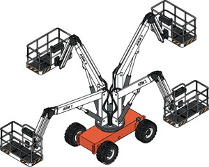 Articulated boom lift machine illustration with multiple working platforms industrial aerial work equipment construction maintenance vector design © Shafali