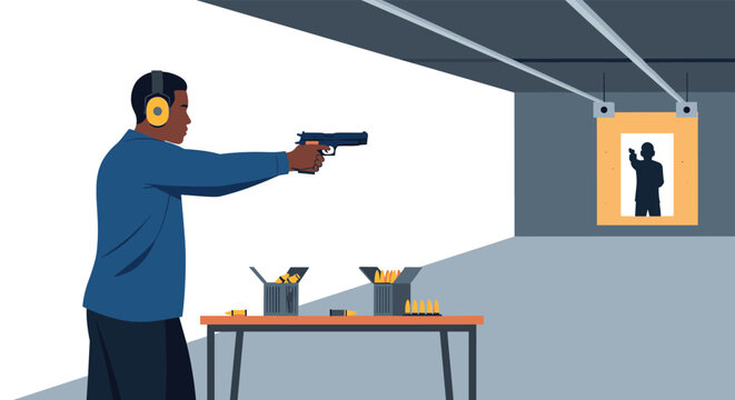 A man wearing yellow hearing protectors practices his aim with a pistol at an indoor shooting gallery, focusing on a silhouette target down range for training.