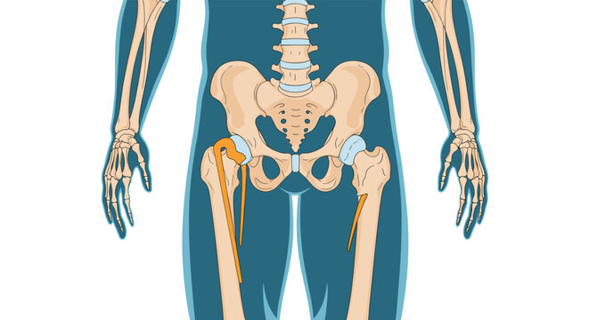 An anatomical illustration showing the human skeletal structure of the pelvis and femur, with a detailed view of a total hip replacement prosthesis implant.