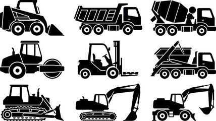 Construction machinery black silhouette icon set with loader dump truck mixer forklift excavator bulldozer heavy equipment © Shafali