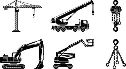 Heavy construction lifting machinery black silhouette icon set including cranes excavator boom lift chains industrial equipment vector © Shafali