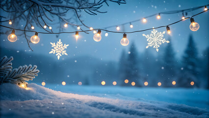 Magical Winter Forest Scene with Hanging Fairy Lights