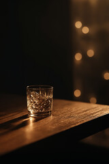 Glass with whiskey on Wooden table