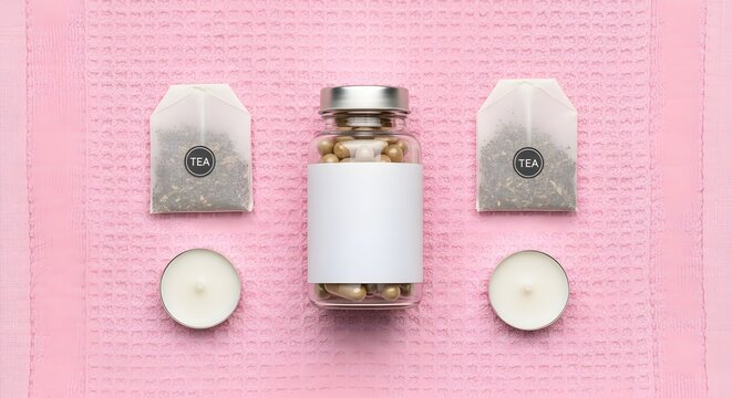 Flat lay of herbal supplement capsules, detox tea bags, and cand