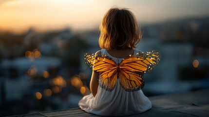 Faceless girl with butterfly wings sitting on rooftop, fantasy concept of transformation innocence and freedom, defocused elevated metamorphosis, rooftop liberation, aerial evoluti