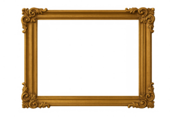 Ornate gold picture frame with baroque filigree design, creating an empty vintage border on a transparent background