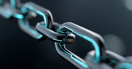 Obraz premium Close-up of a metallic chain link with reflective surface and blue neon highlights on a dark blurred background