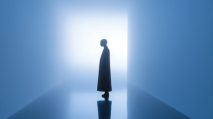 A solitary figure, cloaked in darkness, stands poised at the threshold of radiant light, evoking contemplation and mystery, blurring the lines between reality and dreamlike wonder.