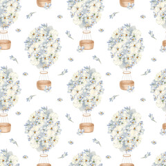 Blue Floral Balloons seamless print isolated background. Watercolor hot air balloons with blossoms pale blue palette painted. Endless pattern for baby textiles and wall decor. Baby wrapping paper.