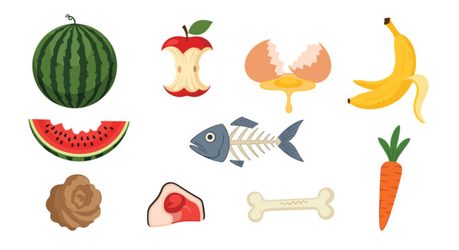 A collection of various organic food waste items, including fruit peels, apple cores, and fish bones, ready for composting or disposal as biodegradable trash.