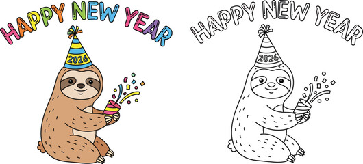 Cute Sloth Celebrating Happy New Year 2026 with Party Popper and Hat Vector