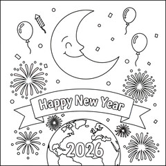 Happy New Year 2026 Coloring Page with Moon Earth Fireworks and Balloons