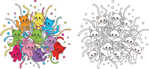 Pile of Colorful Party Kittens with Confetti and Streamers Playful Feline Celebration Vector
