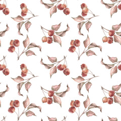 Autumn botanical watercolor seamless pattern with crab apple sprigs and dried leaves. Hand painted autumn design in vintage style. October seasonal decor with herbarium for forest themed packaging.