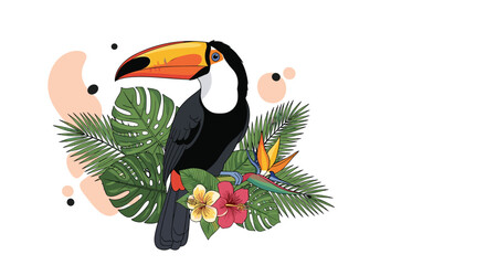Obraz premium A colorful toucan with a large beak perches among vibrant tropical leaves and exotic flowers, capturing the essence of a lush rainforest environment.