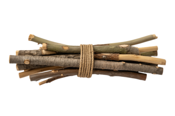 A rustic bundle of natural wooden sticks and twigs tied with twine on a clean white background.