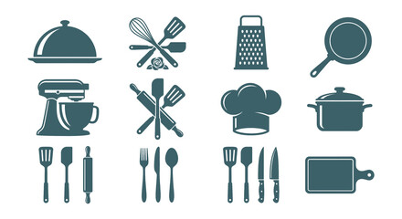 Assorted teal kitchen utensils and cooking equipment icons