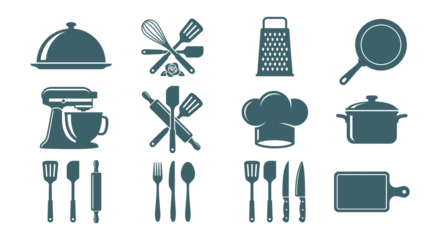 Assorted teal kitchen utensils and cooking equipment icons