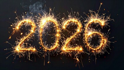 Sparkling fireworks forming the number 2026 on a dark background, viewed from a straight-on perspective.