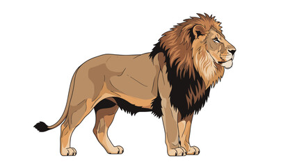 Obraz premium A majestic male lion with a full, dark mane stands proudly in a side profile view, showcasing the powerful and regal king of the jungle.