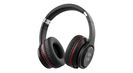 Black headphones with red accents on white background