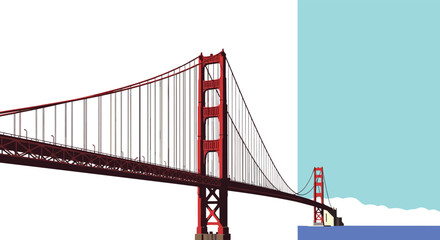 Obraz premium An iconic view of the majestic Golden Gate Bridge in San Francisco, presented in a minimalist, graphic art style against a simple sky and water background.