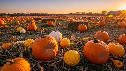Vibrant orange pumpkins in a sunny autumn field at sunset
