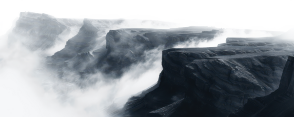 black dead rocks with waterfall and foggy clouds landscape isolated on white or transparent png