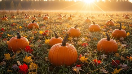 Vibrant pumpkins in a colorful autumn field at sunset