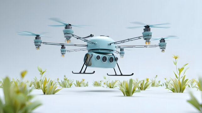A hexacopter drone hovers over a field of green plants, showcasing advanced aerial technology in nature - friendly applications.