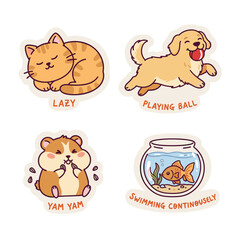 Cute Animal Stickers - Cat, Dog, Hamster, and Goldfish Illustrations.