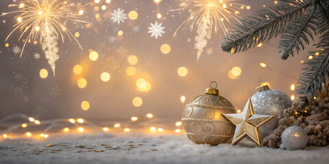 Christmas Background with Golden Ornaments and Lights