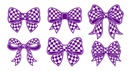 Set of purple checkered pattern ribbon bows decorative elements for gifts and celebrations on transparent background