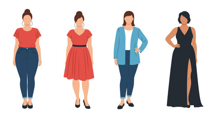 Fototapeta premium A diverse group of beautiful plus-size women with different body shapes and styles stand together in casual and formal attire.
