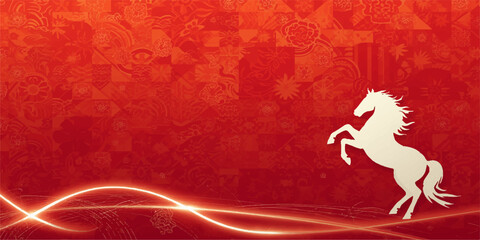 A red dragon horse stands against a grunge texture backdrop in this artistic Christmas holiday card illustration featuring gold stars and festive red heart patterns for a vector gift design © Md