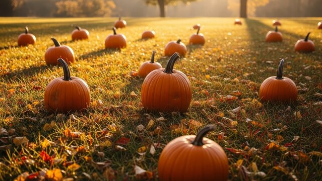 Pumpkins scattered across a vibrant autumn field at sunset - Powered by Adobe