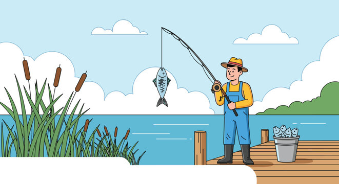 A happy cartoon fisherman in overalls and a hat proudly holds up a fishing rod with a large fish caught on a sunny day by the lake.
