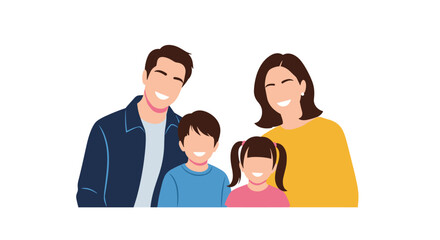 Obraz premium A happy young family of four with a mother, father, son, and daughter smiling together in a loving portrait flat illustration.