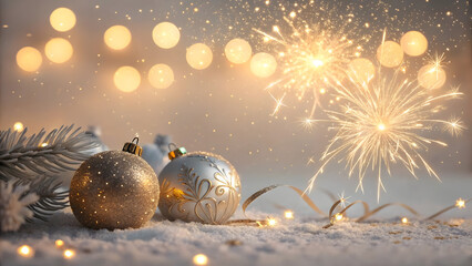 Golden Christmas Ornaments with Festive Bokeh Lights