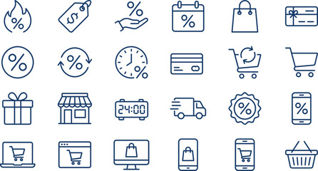 Shopping and discount outline icon set with sale percent ecommerce cart payment delivery symbols isolated vector illustration design © Wajkuruni