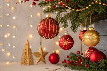 Christmas Ornaments with Red and Gold Baubles on Tree