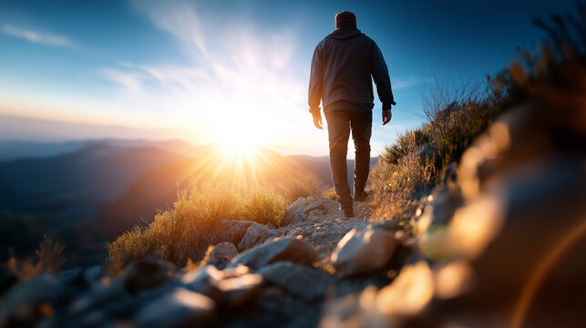 Concept of change as faceless person walks on mountain path symbolizing courage to explore, defocused elevated journey, summit pilgrimage, peak exploration, alpine adventure, with  - Powered by Adobe