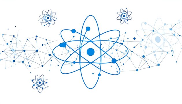 Blue atom illustrations on a white background with connected dots