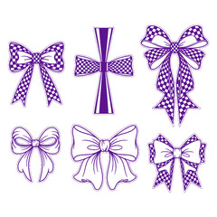 Set of purple outline checkered pattern ribbon bows and cross design elements on transparent background