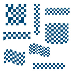 set of blue checkered flags and patterns on transparent background