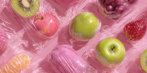 Fruit wrapped in stretch plastic minimal flat lay food photography