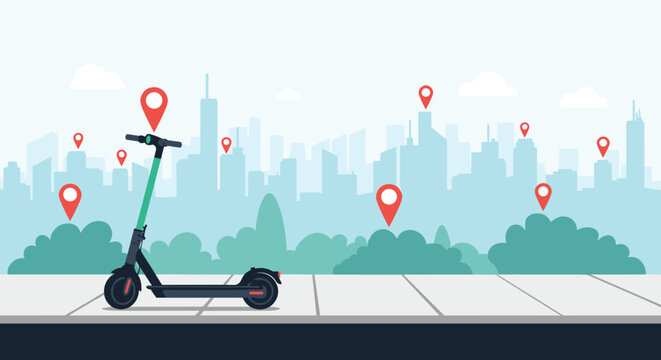 An electric scooter sharing service concept with a scooter parked on a city sidewalk and map pins indicating rental locations.